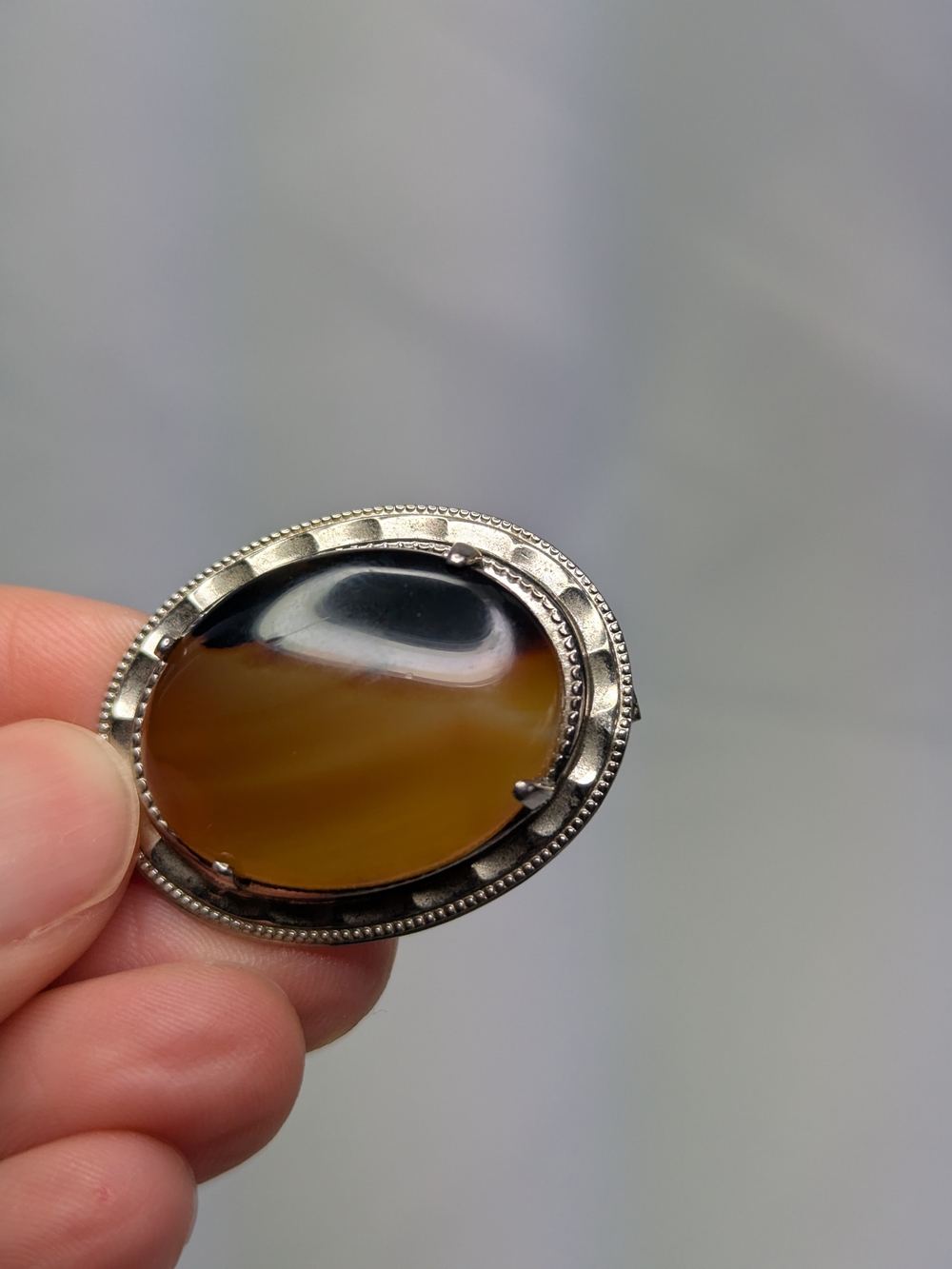 Brown Agate Silver-Tone Brooch Pin
